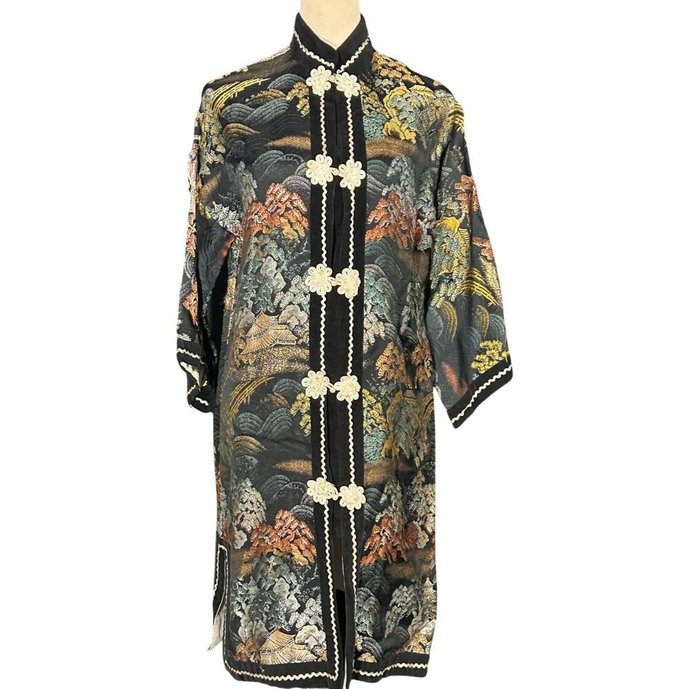 Vintage Asian Brocade Velvet Jacket Coat Frog Closure Long Black Tapestry Kimono